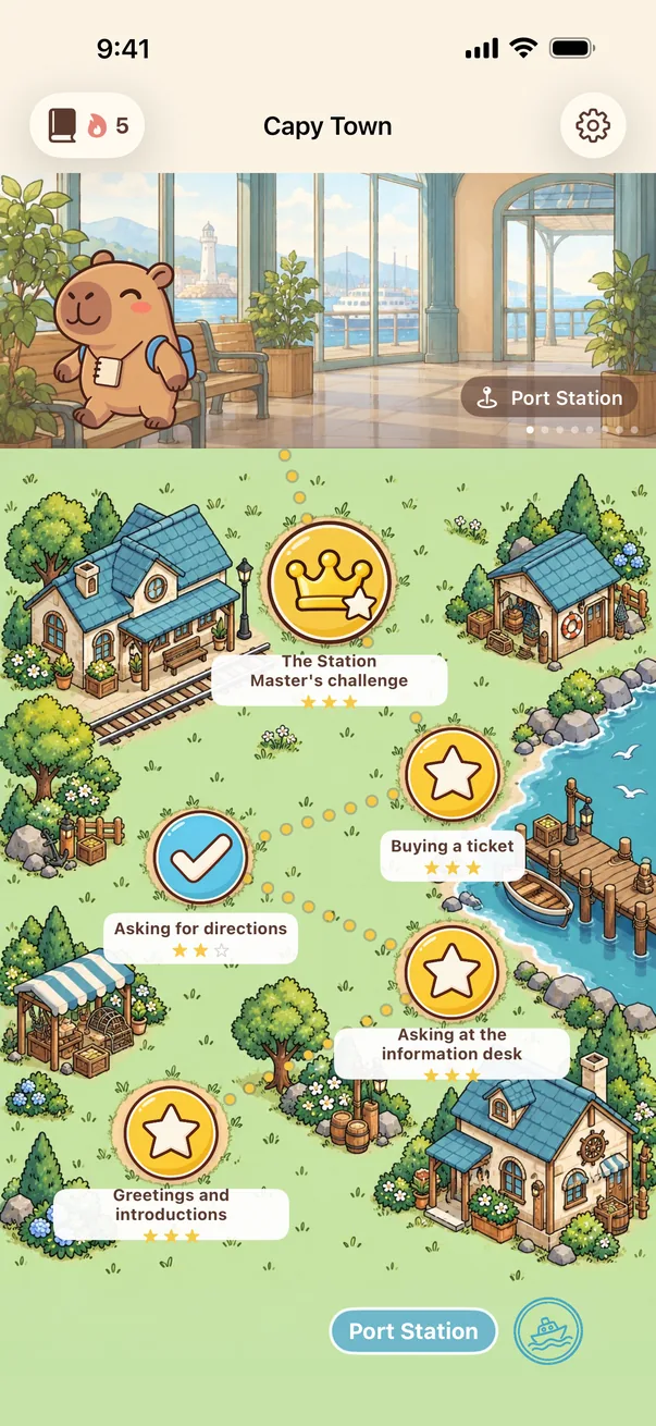 CapyTalk's town map: the Port Station scene with the travelling capybara at the top, and below it the path of lessons such as greetings, asking for directions and buying a ticket, several already marked with stars.