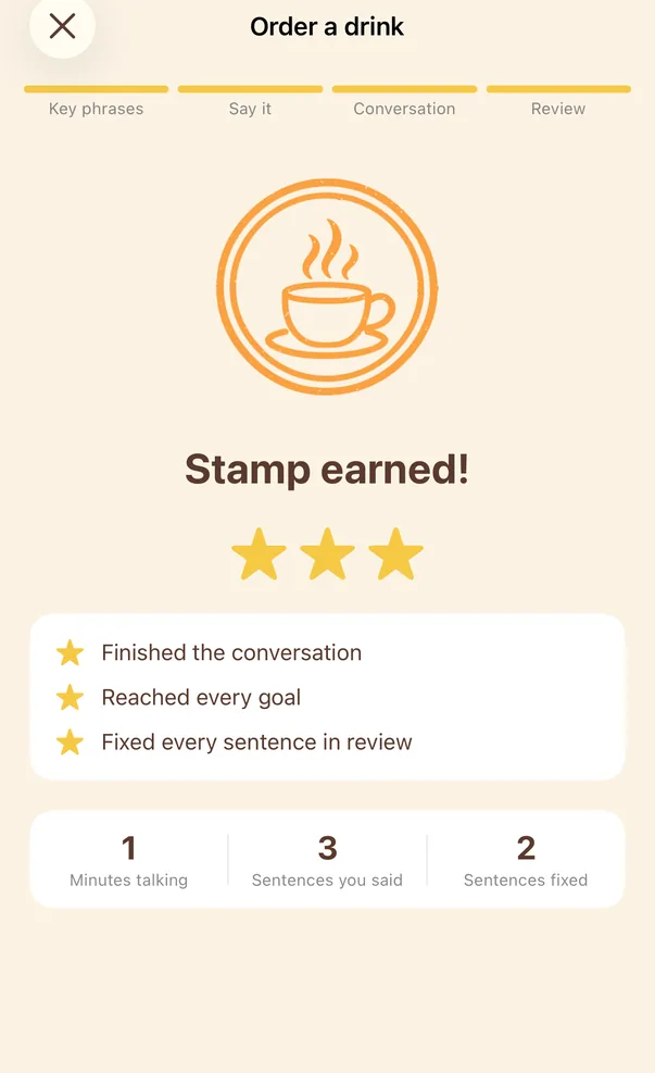 Stamp earned screen: a coffee cup stamp, three stars, and counts for minutes talking, sentences said and sentences fixed.