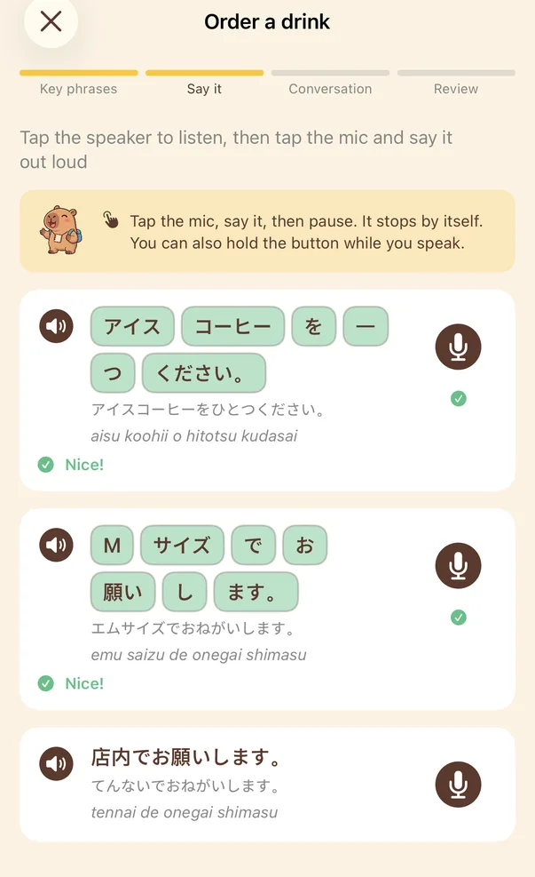 Say it screen: the first two phrases are shown as green word blocks marked “Nice!”; the third is still to do.